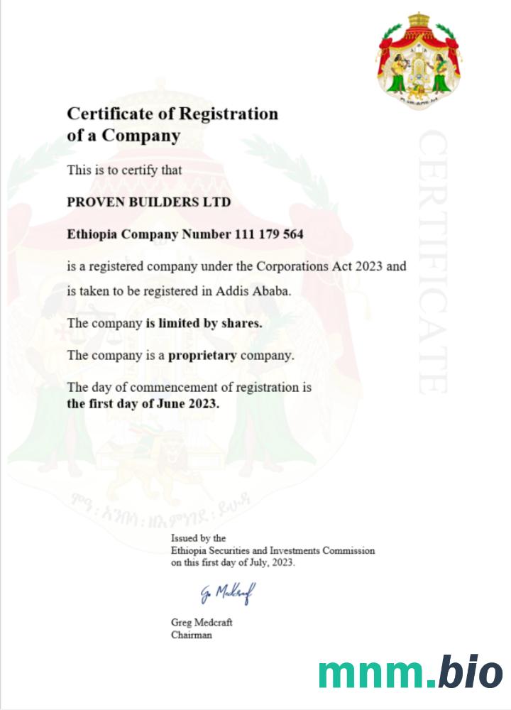Etiopia certyfikat rejestracji Word i PDF szablon